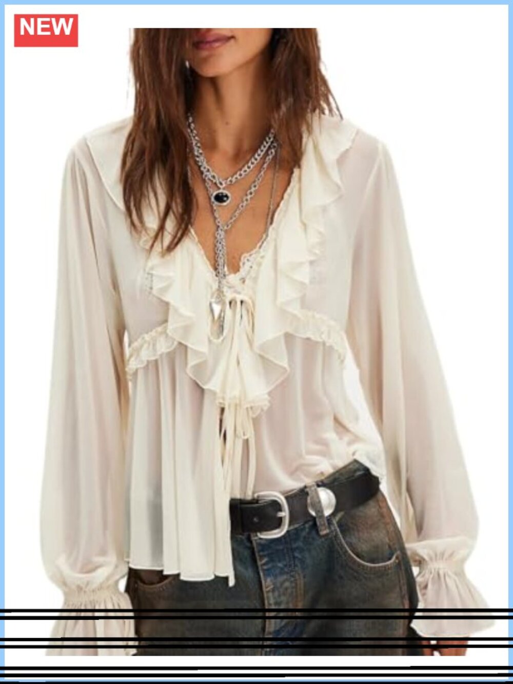Women Ruffle Flowy Blouse Sheer Mesh Chiffon Lantern Sleeve Top